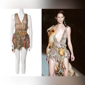 ROBERTO CAVALLI S/S 2002 Vintage Runway Look #4 Multi Tiered Leo Mini Dress XS